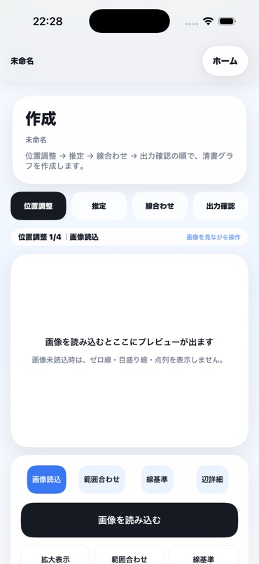 画像を読み込み、位置調整から線合わせへ進むグラフ作成画面